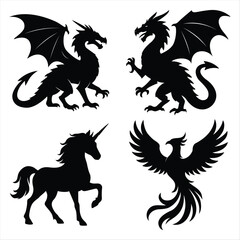 Silhouette Set of Mythical Creatures – Dragon, Unicorn, and Phoenix Vector