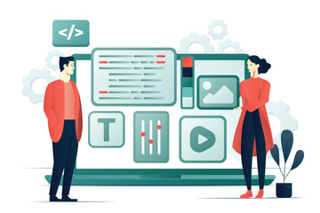Two people creating web-design. UI-UX design concept flat illustration 