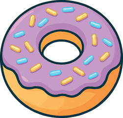Cartoon Donut with Lavender Frosting and Colorful Sprinkles Isolated on White