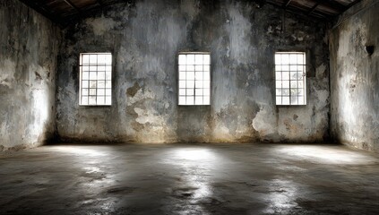 Abandoned Interior Room With Gray Walls And Windows