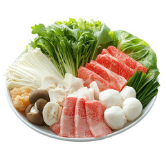 Delicious Japanese hot pot ingredients fresh beef mushrooms vegetables