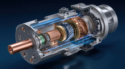 Electric motor with blue rotating light, layered motor, multiple gears, disassembled structure, rotating state, silver and bronze metal, 3D Illustration.