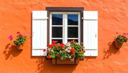 Vibrant Orange Wall with White Window and Flowers