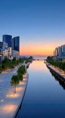 City Skyline Reflected in Calm River at Twilight