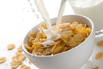Pouring milk into a bowl of crunchy corn flakes cereal, isolated on white background, creating a splash of liquid