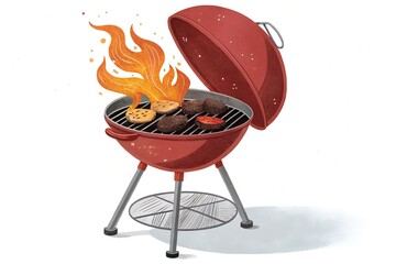 Red barbecue grill with burgers and flames, symbolizing summer outdoor cooking and delicious food