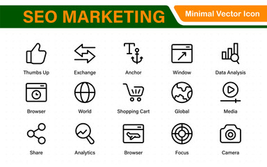 SEO – Search Engine Optimization. Thin‑line icon set for web, digital marketing, ranking, analytics, and website growth. Simple vector symbols for strategy and development.