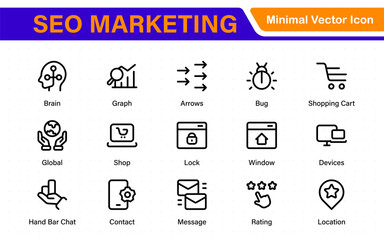 SEO – Search Engine Optimization. Thin‑line icon set for web, digital marketing, ranking, analytics, and website growth. Simple vector symbols for strategy and development.