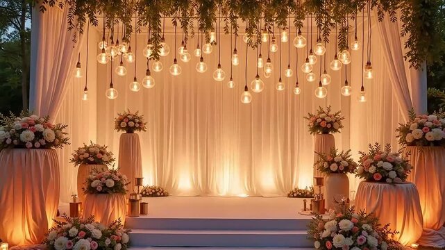 Elegant wedding ceremony setup with cascading lights and floral arrangements creates a romantic atmosphere for special occasions.