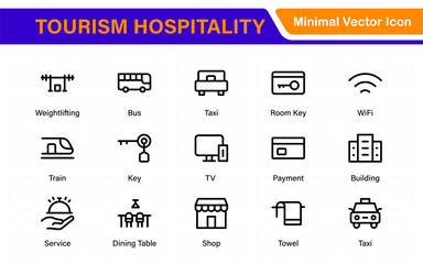 Tourism Hospitality icon set industry. Editable stroke. Travel set. Summer vacations and holiday symbol vector illustration. traveling tourism, elements.