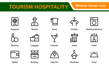 Tourism Hospitality icon set industry. Editable stroke. Travel set. Summer vacations and holiday symbol vector illustration. traveling tourism, elements.