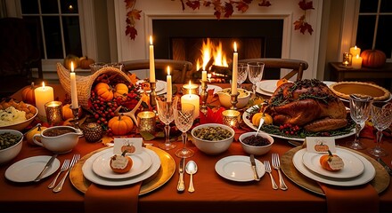 Golden Candlelit Thanksgiving Feast by a Roaring Fireplace.
