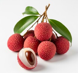 Vibrant fresh lychee fruit cluster with peeled juicy segments on a rustic wooden table