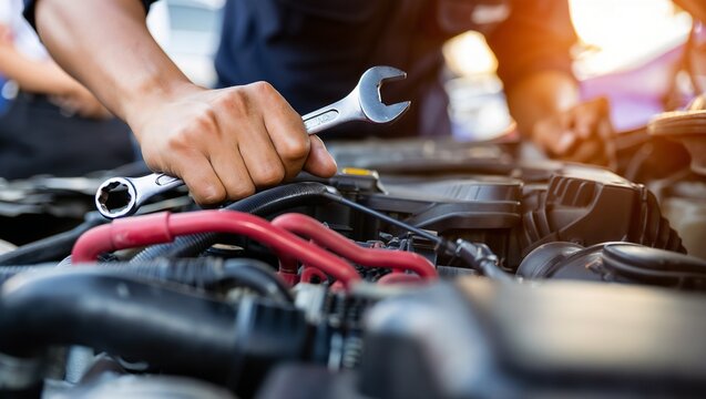 A close-up view of a mechanic using tools to repair and service a car engine in a workshop under professional lighting.

