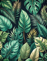 Fototapeta premium A vibrant seam pattern featuring lush tropical leaves in various shades of green, intertwined with hints of bright floral accents, creating a lively, exotic feel.