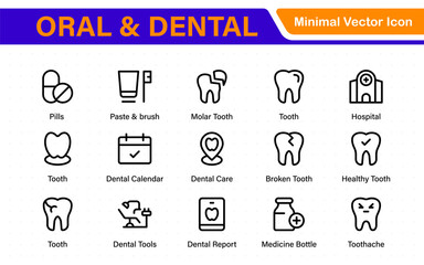 Oral and Dental icon set. Containing tooth, dentist, toothpaste, toothbrush, teeth, implant and dentistry icons. Solid icon collection.
