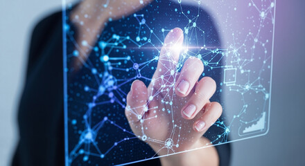 Businesswoman's hand touching a glowing blue digital data network on a futuristic transparent screen