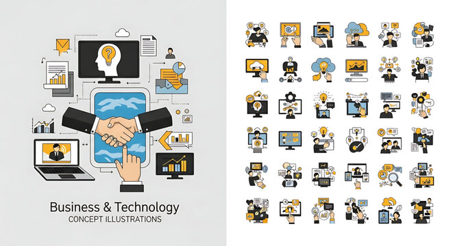 Modern flat vector illustrations of business and technology concepts, including digital communication, data analysis, online marketing, and innovation. Ideal for presentations, websites, and infograph