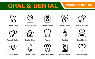 Oral and Dental icon set. Containing tooth, dentist, toothpaste, toothbrush, teeth, implant and dentistry icons. Solid icon collection.