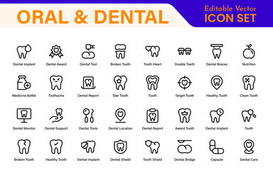 Oral and Dental icon set. Containing tooth, dentist, toothpaste, toothbrush, teeth, implant and dentistry icons. Solid icon collection.