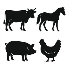 Farm Animal Silhouettes Set – Cow, Horse, Pig, and Chicken Vector Illustration