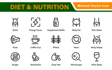 Diet Nutrition icon set. vegetables, water, meal planning, fruits, dietary fiber, protein, vitamins, healthy fats, and carbohydrate icons. Solid icon collection.
