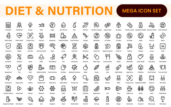 Diet Nutrition icon set. vegetables, water, meal planning, fruits, dietary fiber, protein, vitamins, healthy fats, and carbohydrate icons. Solid icon collection.