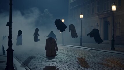 Floating cloaks hover eerily in a foggy, lamp-lit street. This video reveals a surreal and mysterious atmosphere, blending fantasy and reality, enticing viewers with its ghostly allure and enchantment