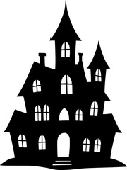 a black and white vector drawing of a spooky haunted house with multiple windows and chimneys

