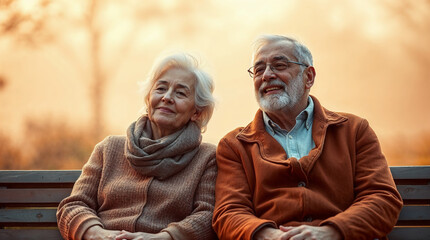 Senior couple sitting on a bench enjoying outdoors for retirement blogs, mature dating websites, family celebration cards, geriatric education, elder care awareness