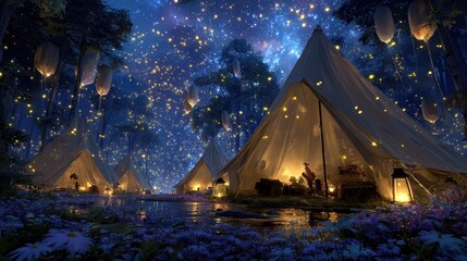 Dreamy Night Camping Scene with Illuminated Floating Tents in a Magical Forest