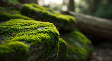 Vibrant Mossy Outcrop in a Serene Forest with Soft, Dreamy Light