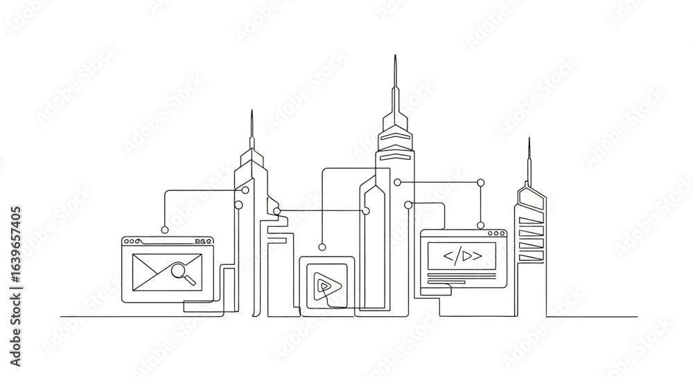 Poster skyline network: a stylized line art representation of a connected cityscape, symbolizing digital ne