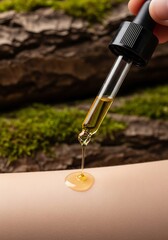 A glass dropper dispenses a yellow liquid onto pale skin Background shows moss and bark