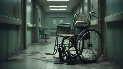 Abandoned hospital hallway with rusty wheelchair