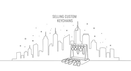 Fototapeta premium Custom Keychains Cityscape: A line art illustration featuring a cityscape as the backdrop, with a laptop displaying custom keychains.