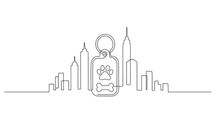 Obraz premium Urban Paw Print Charm: A minimalist linear illustration showcasing a paw print tag with a cityscape background, symbolizing pet companionship in a metropolitan setting.