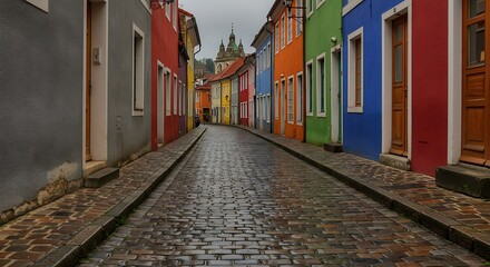 Obraz premium Vibrant Rainbow of Houses Along a Glistening Wet Cobblestone Street