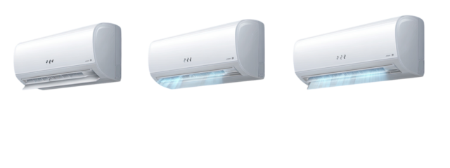Three white wall-mounted air conditioners with air blowing