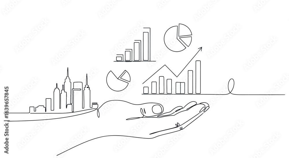 Poster data driven metropolis: an elegant line art depiction shows a hand cradling the cityscape and growth