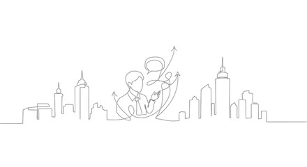 Fototapeta premium Business Growth Skyline: A sleek, single-line illustration depicts two figures against a cityscape backdrop. An arrow symbolizes growth and progress.
