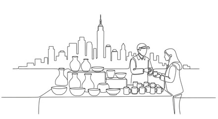 Fototapeta premium Craft Fair in the City: A detailed line drawing captures a vibrant craft fair scene in the bustling heart of a city. The foreground displays an array of handmade pottery.