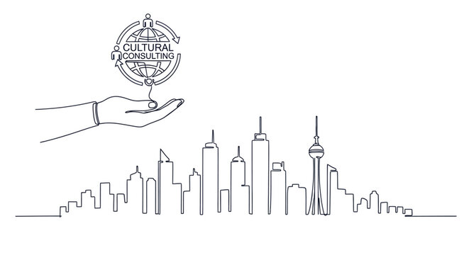 Navigating Global Culture Consulting: An illustration highlighting the synergy of cultural insight with urban development, symbolizing guidance and expertise.