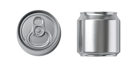 Two blank aluminum beverage cans, one with a pull tab