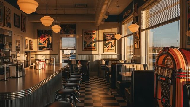 Empty retro diner at sunset. Vintage American restaurant interior with a jukebox, counter, and booths bathed in warm evening light.
