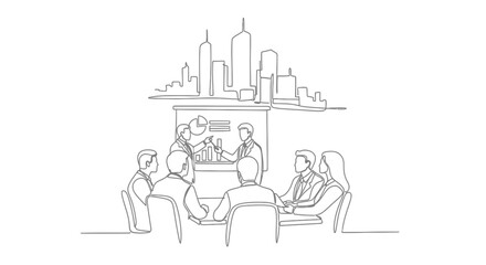 Obraz premium Business Meeting in Silhouette: An artistic, single-line drawing captures the essence of a collaborative business meeting, with a cityscape subtly integrated to symbolize growth and vision.