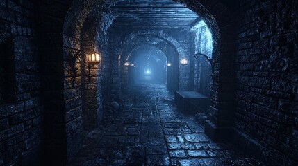 Mysterious, stone-walled passageway with ancient lighting.