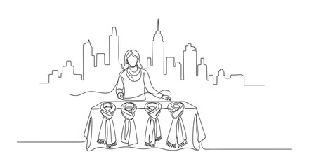 Obraz premium Artisan Craft on Urban Stage: A single-line illustration depicts a woman elegantly presenting handcrafted scarves against the backdrop of an iconic cityscape, emphasizing art and urban craftmanship.