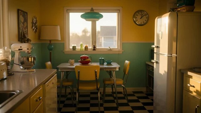 Warm sunlight in a retro kitchen with vintage appliances and a checkerboard floor. Nostalgic 1950s style home interior.