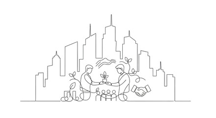Obraz premium City of the Future: A simple line art illustration showcases two individuals exchanging a growing seedling in front of a modern city skyline, symbolizing collaboration, sustainability, and progress.
